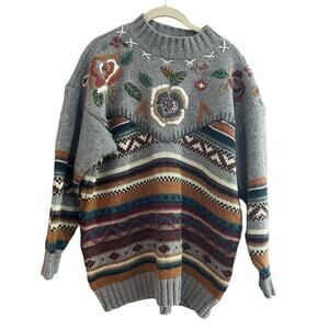 Vintage Gray Flower Striped Acrylic/Lambswool Chunky Sweater-M
